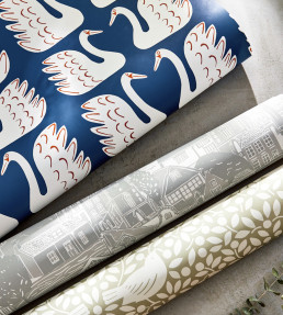 Swim Swam Swan Wallpaper - Denim Denim
