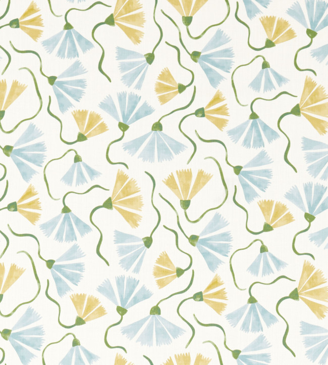 Fringed Poppy Print Fabric - Honey/Cornflower Honey/Cornflower