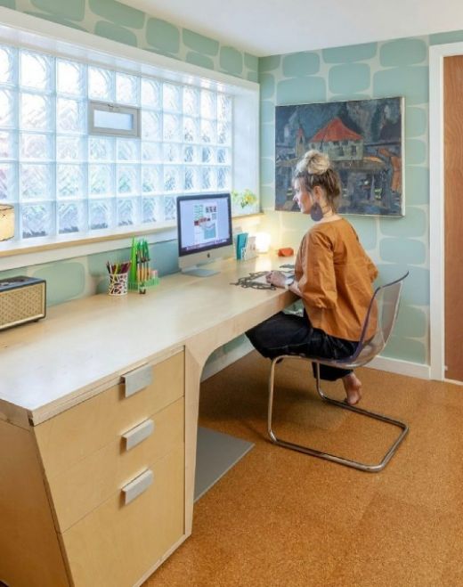Light blue wallpaper used by Exactly Designs in their home office